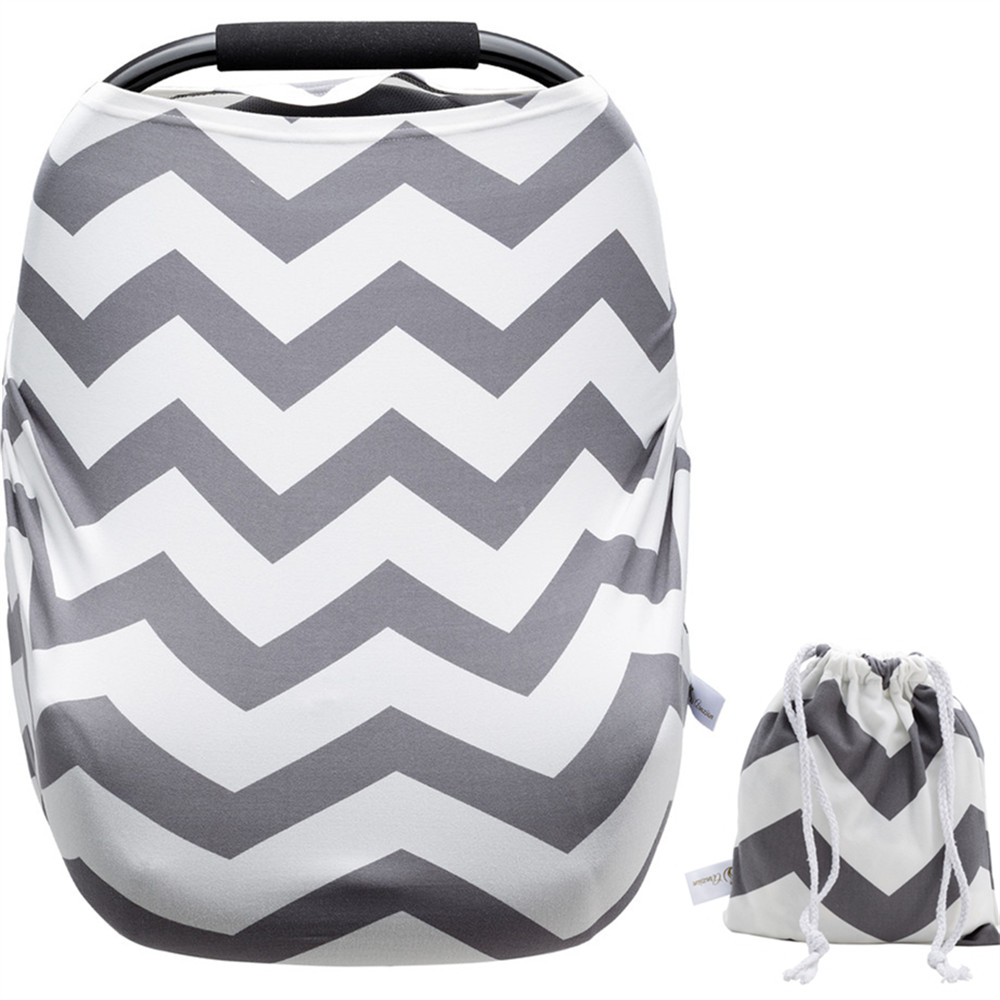 Baby Car Seat Covers Super Soft stretchy and Breathable Nursing Covers for Boys and Girls with Pouch Cute Gray Wave Stripes